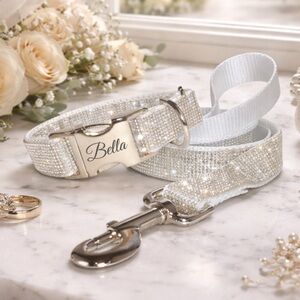 Luxury Designer Wedding White Metallic Crystal Dog Collar for Small Dogs & Cats